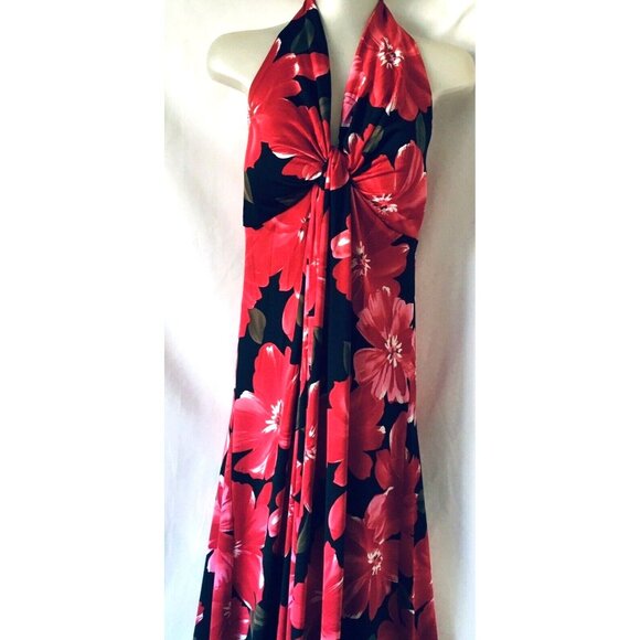 NEW GiGi Maxi Dress Halter Vacation Red Floral Padded Bra Knit V-neck Size 4 - Picture 2 of 10